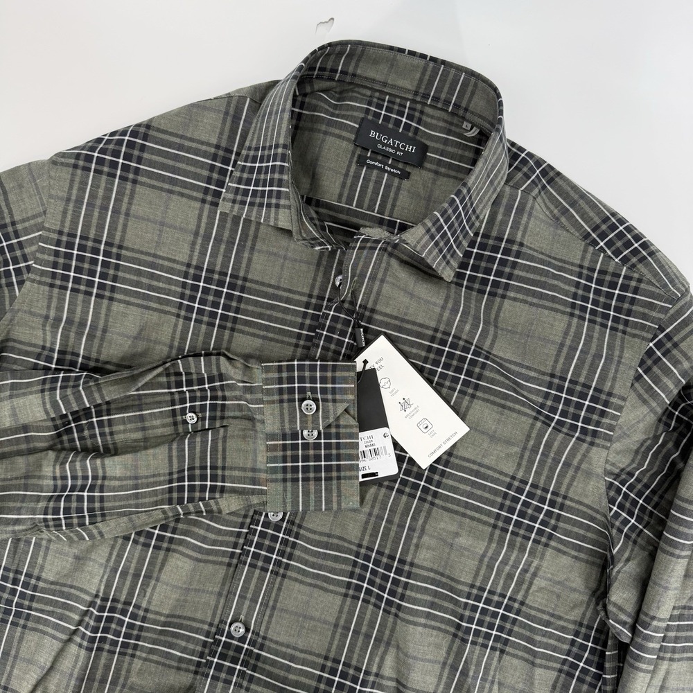 Bugatchi Shirt Mens Large Green Tan Plaid Comfort Stretch Long Sleeve Cotton